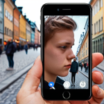 **A young person looking at their reflection in a smartphone screen, which distorts their face to look like filtered, "perfected" social media versions of themselves. The background is a blurred urban street in Stockholm.**