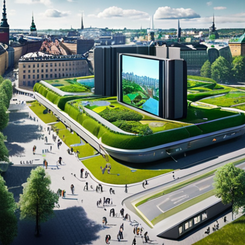 ** A futuristic cityscape in Stockholm, Sweden, where sleek modern buildings are integrated with lush green spaces. People are interacting with holographic interfaces and augmented reality displays. The overall feeling is hopeful, showing the potential of technology to enhance human life while maintaining a connection to nature. Focus on the balance between technological advancement and human values.

**