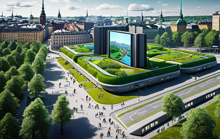 ** A futuristic cityscape in Stockholm, Sweden, where sleek modern buildings are integrated with lush green spaces. People are interacting with holographic interfaces and augmented reality displays. The overall feeling is hopeful, showing the potential of technology to enhance human life while maintaining a connection to nature. Focus on the balance between technological advancement and human values.

**