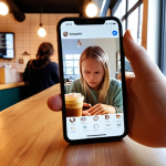 A young person scrolling through Instagram on their phone in a brightly lit, modern Swedish café. The focus is on the phone screen displaying curated and seemingly perfect images, with a subtle expression of anxiety or comparison on the person's face. Soft, diffused light.