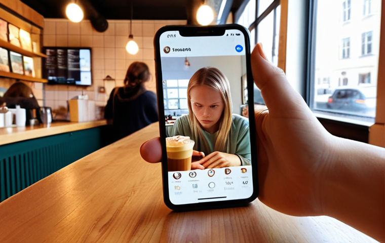 A young person scrolling through Instagram on their phone in a brightly lit, modern Swedish café. The focus is on the phone screen displaying curated and seemingly perfect images, with a subtle expression of anxiety or comparison on the person's face. Soft, diffused light.